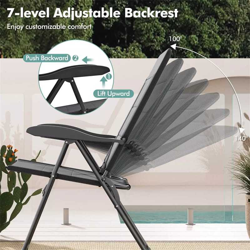 Set of 2 Folding Patio Chairs with 7-Position Adjustable Backrest, Padded Outdoor Reclining Chairs for Backyard Garden Deck, 300 lbs Capacity