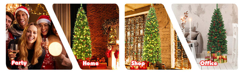 Pre-lit Hinged Pencil Artificial Christmas Tree w/ Pine Cones Red Berries and LED Lights