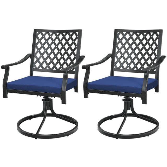 Swivel Patio Dining Chairs Set of 2, Metal Frame Lattice Outdoor Chairs 360 Rotation with Cushions & Curved Armrests for Porch Lawn Garden Yard