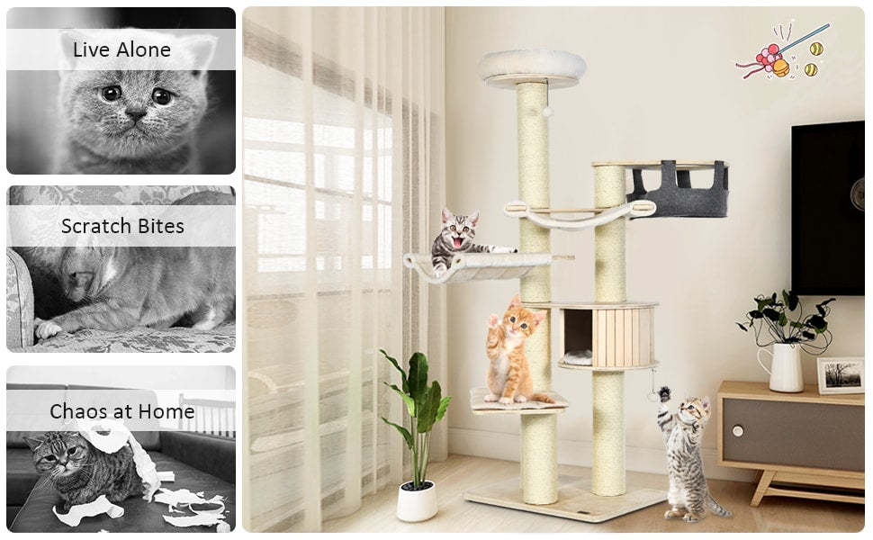 77.5" Tall Cat Tree Condo Multi-Level Large Kitten Tower with Sisal Posts, Hammocks, Hanging Basket & Washable Cushions