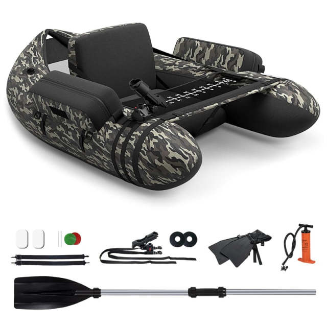 Fishing Float Tube, Inflatable Fishing Boat with Pump, Paddle, Fish Ruler, Flippers, Storage Pockets, Portable Backpack Belly Boat, Holds 350LBS