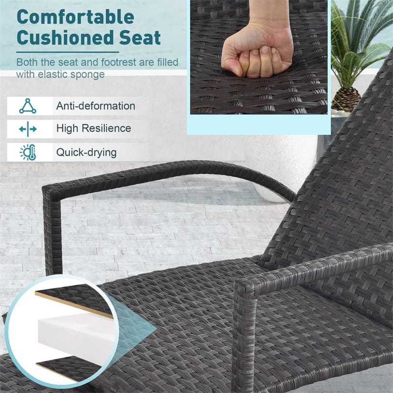 Patio Chaise Lounge, Outdoor Padded Rattan Lounge Chair with Retractable Footrest, 5-Level Adjustable Backrest, Metal Frame Wicker Recliner for Yard