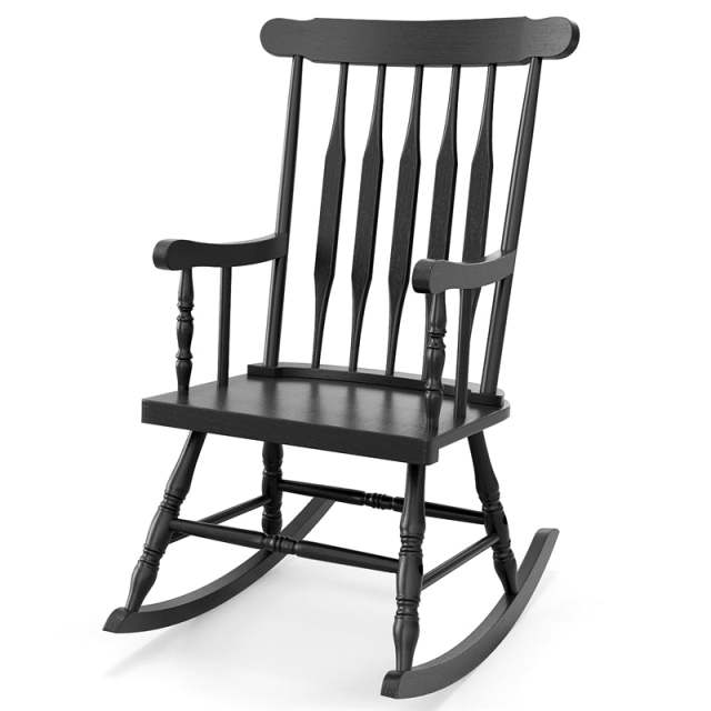 Solid Rubber Wood Patio Rocking Chair, Outdoor Porch Rocker with Slat Back & Glossy Finish for Garden, Backyard, Indoor Use