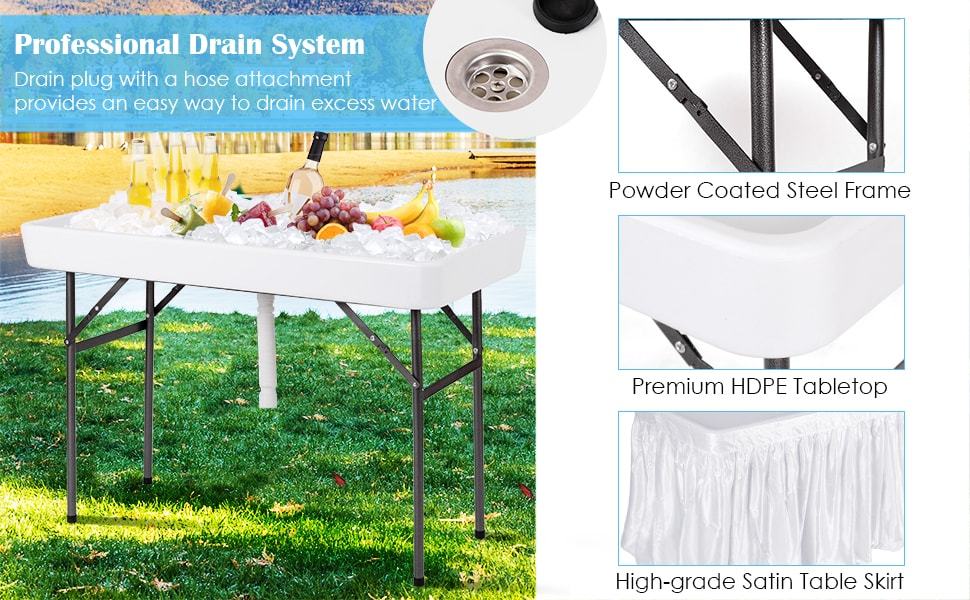 4 FT Folding Ice Cooler Table with Removable Matching Skirt & Drain Hose, Patio Foldable Beverage Cooler Table