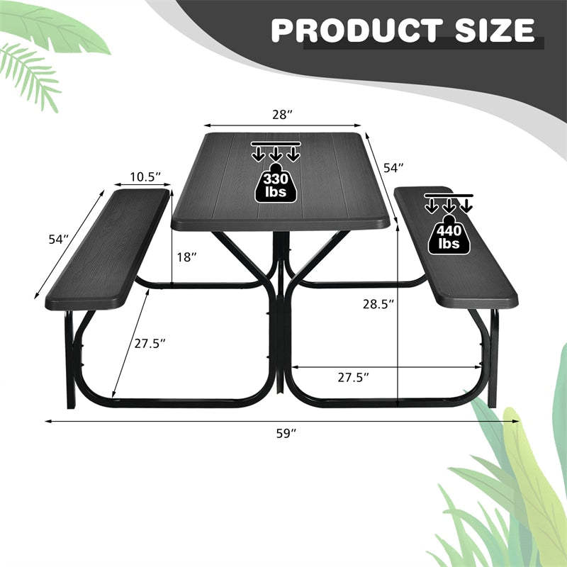 Outdoor Picnic Table Bench Set, All-Weather Metal Frame Camping Table with Built-in Benches & Wood-Like Tabletop for Backyard, Patio, Poolside