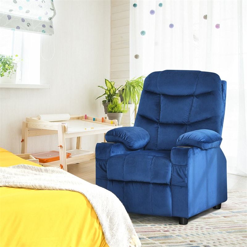 Kids Recliner Chair, Adjustable Velvet Recliner with Footrest, 2 Cup Holders & Side Pockets, Ergonomic Toddler Recliner Sofa for Boys Girls Room