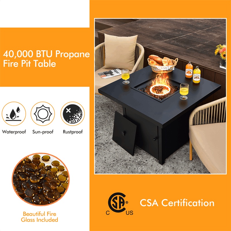 32inch Propane Fire Pit Table 40000BTU Square Gas Firepit Table with Lid Fire Glass