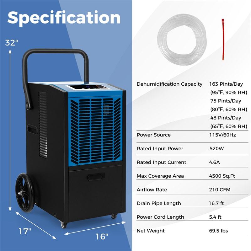 163 Pints Commercial Dehumidifier, 4500 Sq.Ft Crawl Space Dehumidifier Heavy-Duty Portable Industrial Dehumidifier with Pump, Drain Hose, Wheels