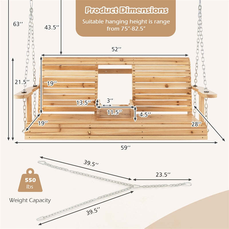 2-Seat Wood Porch Swing with Adjustable Chains & Foldable Cup Holders, Outdoor Hanging Swing Bench for Backyard, Porch, Garden