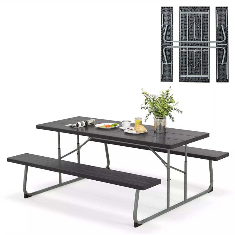 8-Person 6FT Folding Picnic Table & Bench Set, Heavy Duty All-Weather HDPE Outdoor Dining Table with Umbrella Hole & 2 Built-in Benches