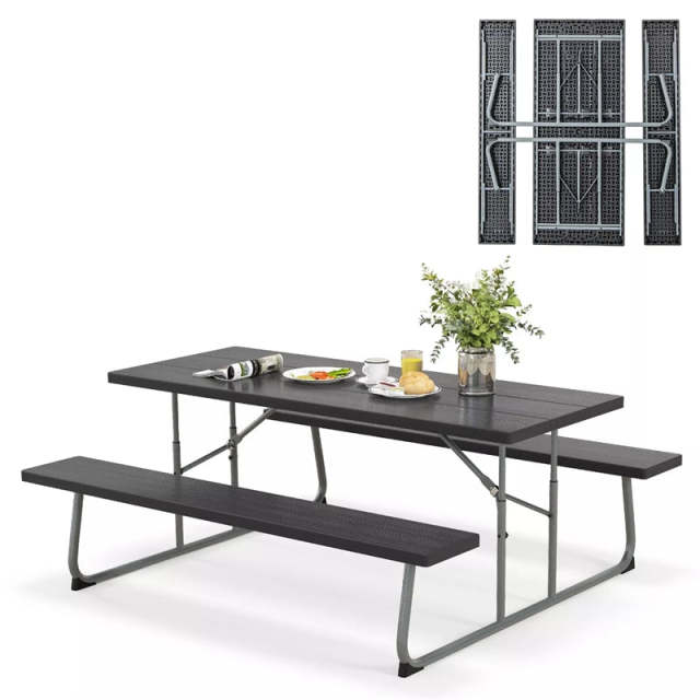 8-Person 6FT Folding Picnic Table & Bench Set, Heavy Duty All-Weather HDPE Outdoor Dining Table with Umbrella Hole & 2 Built-in Benches