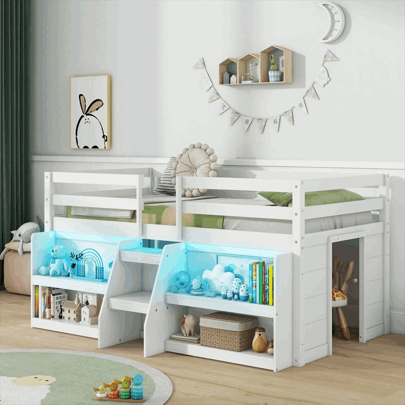 Twin Low Loft Bed for Kids, Wooden Loft Bed with Adjustable LED Lights, Stairs, Safety Guardrail, Storage Bookcase & Under Bed Play Area