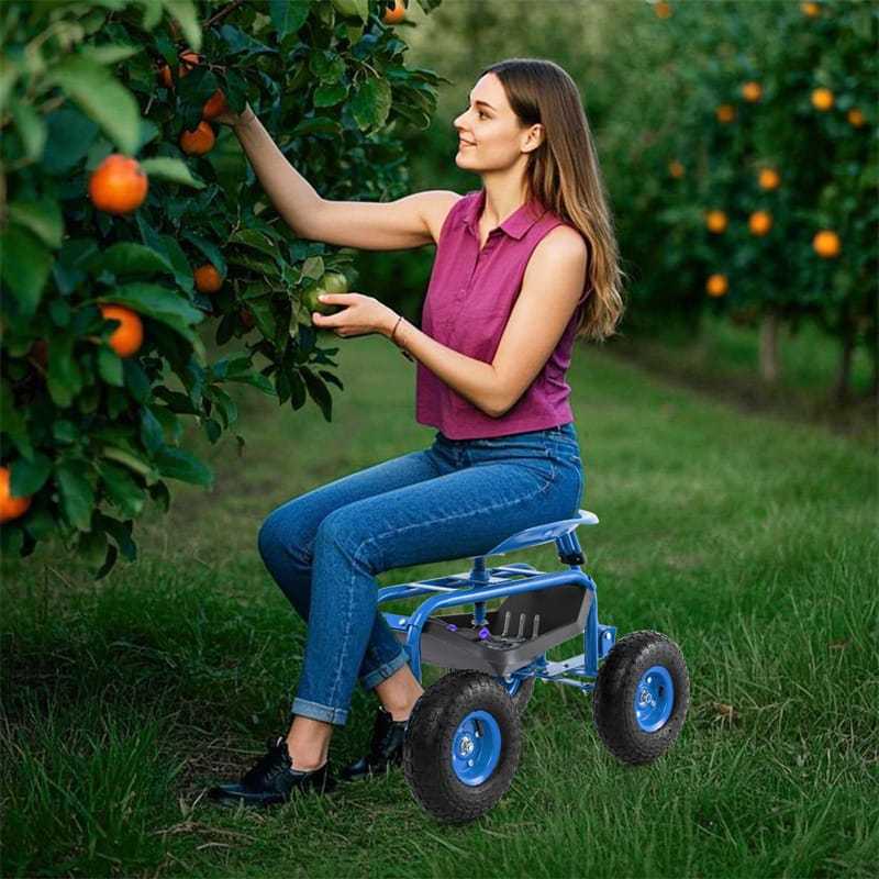 Heavy Duty Rolling Garden Cart with 360° Swivel Seat, Extendable Handle, Tool Tray & Storage Basket, 4-Wheel Gardening Workseat for Patio Yard