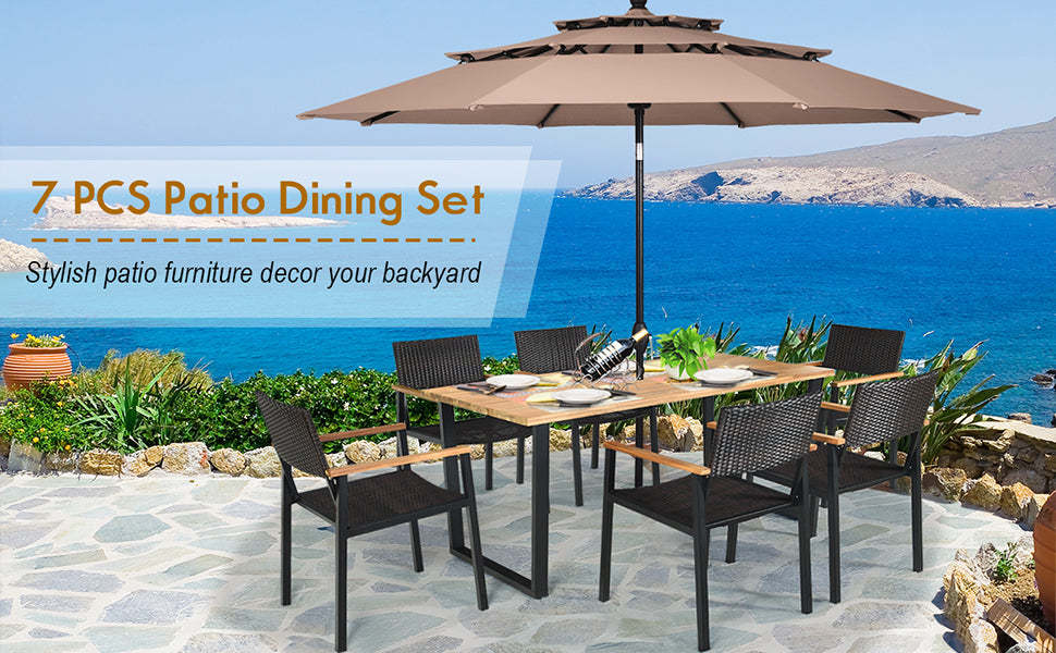 7 Pcs Rattan Patio Dining Furniture Set with Acacia Wood Table & Wicker Chairs
