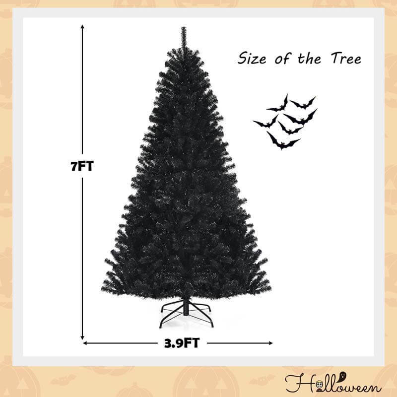 7FT Pre-Lit Black Christmas Tree with 500 Purple LED Lights, 1096 Branch Tips & Metal Stand, Hinged Artificial Halloween Tree for Holiday Decor