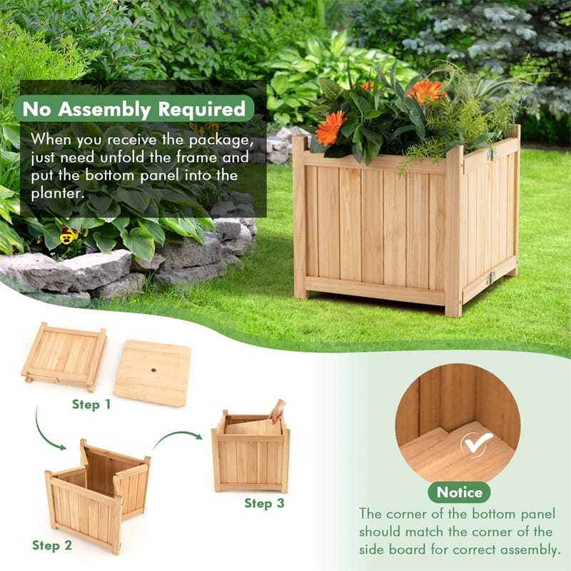 Wooden Raised Garden Bed Outdoor Foldable Square Planter Box with Removable Bottom & Drainage System, Raised Planter Bed for Flowers Fruits Herbs