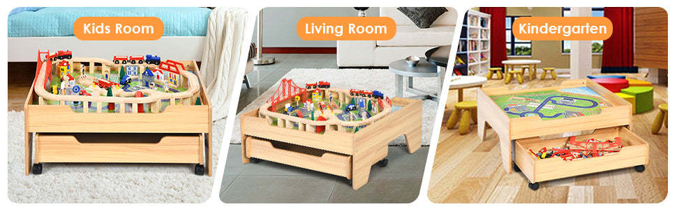 Kids Wooden Train Set Table with 100 Multicolor Pieces Activity Table and Storage Drawer