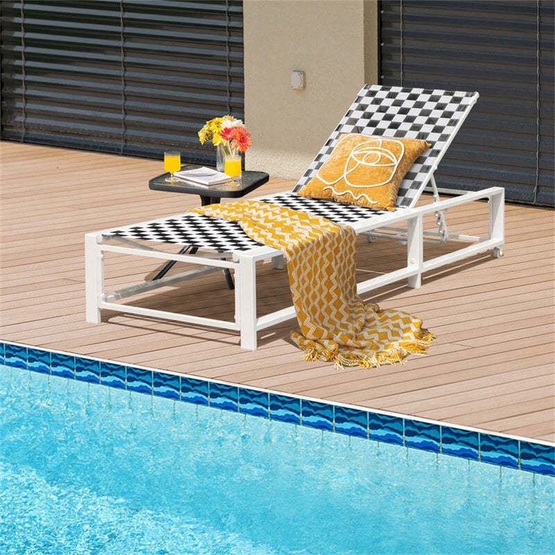 Outdoor Chaise Lounge Adjustable Patio Lounge Chair Metal Frame Garden Reclining Poolside Chair with Breathable Fabric & Wheels