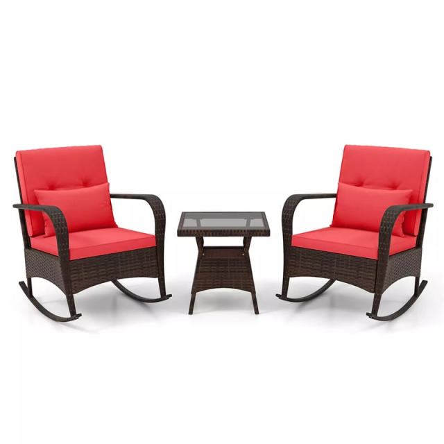 3-Piece PE Rattan Rocking Bistro Set with Removable Cushions & Tempered Glass Table, Outdoor Patio Furniture Set for Porch, Poolside, Backyard