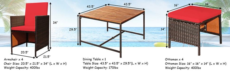 9 Pcs Outdoor Acacia Wood Patio Dining Set with Wicker Chairs & Umbrella Hole