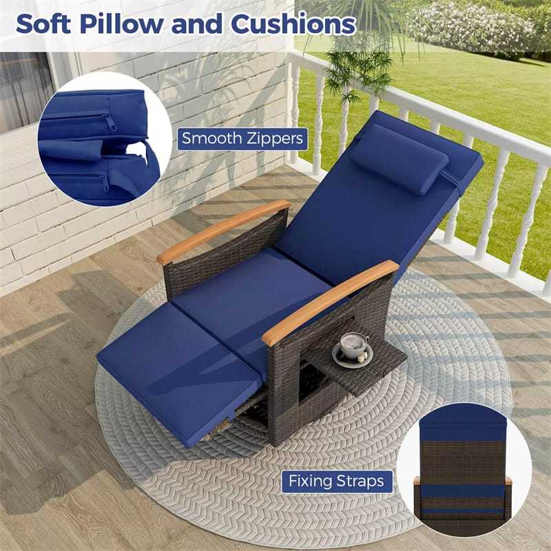 2PCS Outdoor 360° Swivel Rattan Recliner Chair, Patio Wicker Chaise Lounge Chair with Flip Side Table, Cushion, Adjustable Backrest & Footrest