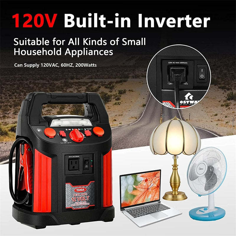 1500A Peak Jump Starter, 180 PSI Air Compressor, Portable Power Bank with 2 USB Ports, Smart Clamps & LED Flashlight for Car Battery & Emergency Use