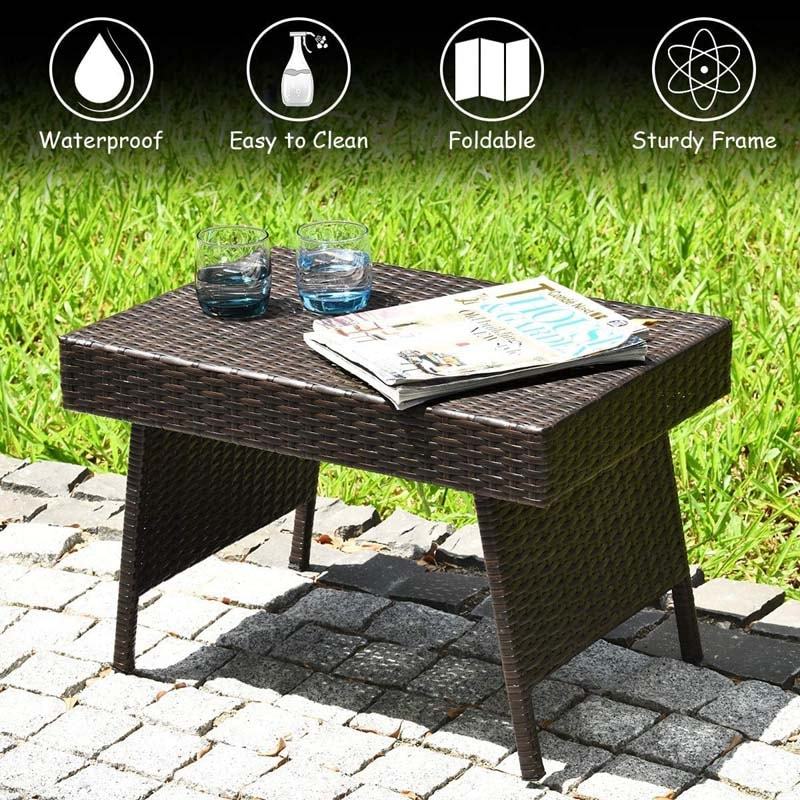 Patio Folding PE Rattan Side Table, Portable Wicker Coffee Table & Bistro Table with Steel Frame for Poolside, Lawn & Outdoor Living