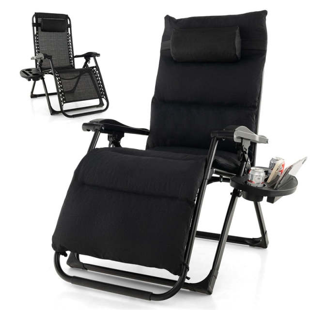 Adjustable Metal Zero Gravity Lounge Chair with Cup Holder Tray, Removable Cushion & Pillow, Folding Reclining Patio Chair for Garden Backyard