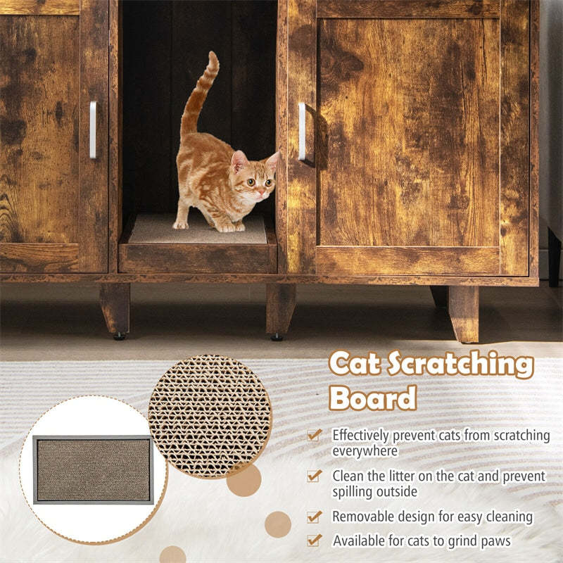 Double Cat Litter Box Enclosure, Large Hidden Cat Washroom Furniture with 2 Cabinets & Scratching Board, Cat House TV Stand Side Table