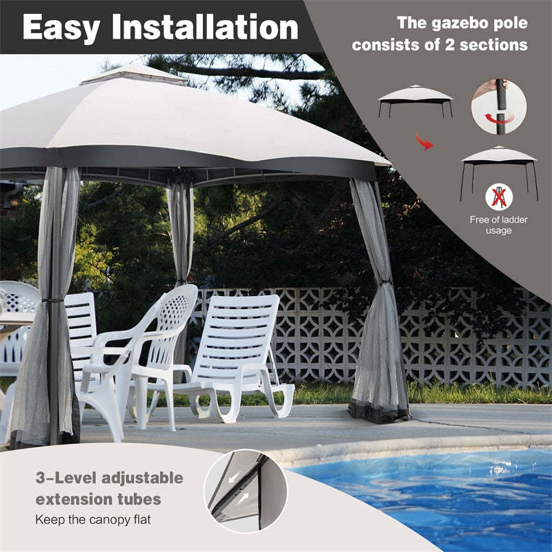 10' x 12' 2-Tier Patio Gazebo Easy-Setup Heavy-Duty Outdoor Canopy Gazebo with Netting & 4 Sandbags