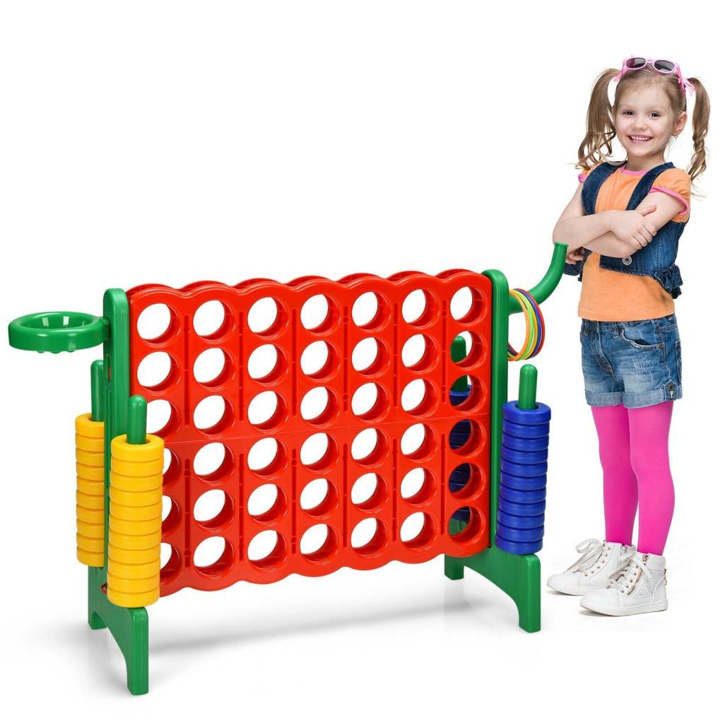 Giant 4-in-A-Row Game Set, Jumbo 4-to-Score Lawn Game with Basketball Hoop, 42 Rings, Quick-Release Slider for Kids & Adults, Indoors Outdoors