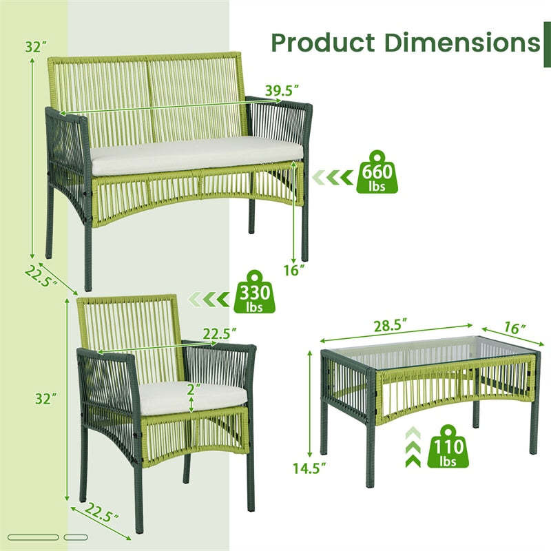 4 Piece Patio Wicker Conversation Set Metal Frame Outdoor Wicker Chair Set with Cushions & Tempered Glass Side Table for Backyard Balcony