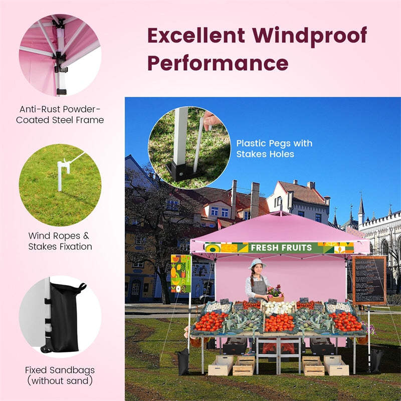 10' x 10' Commercial Pop Up Canopy Tent Instant Market Tent Outdoor Event Tent with Removable Sidewall, 2 Hanging Bars & Banner Strip