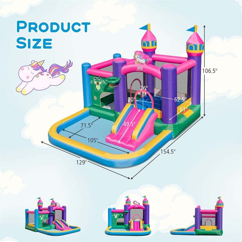 Inflatable Bounce House, 6-in-1 Unicorn Jumping Bouncy Castle with Slide, 735W Blower, 2 Ball Pits & Basketball Rim for Kids 3-10 Indoor Outdoor Party