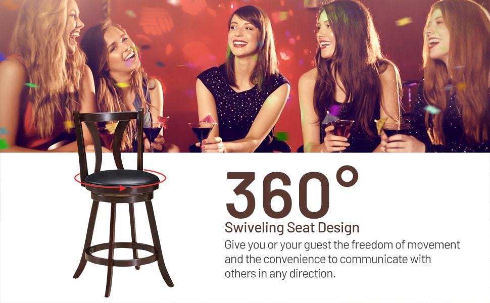 24" 360 Degree Swivel Bar Stools Set of 2 Leather Counter Height Stools with Backs