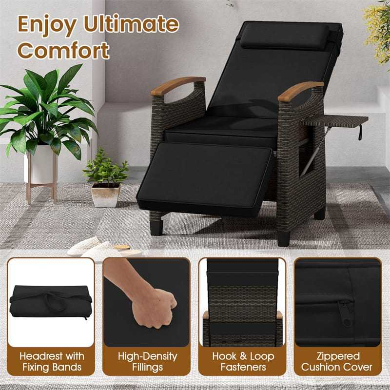 Outdoor Wicker Recliner Chair with Adjustable Backrest, Footrest, Flip Side Table & Cushion, Patio Rattan Chaise Lounge for Backyard Porch