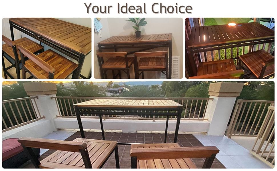 3 Pcs Outdoor Wicker Bar Height Bistro Set Patio Rattan Dining Furniture Set with Acacia Wood Tabletop & 2 Bar Stools