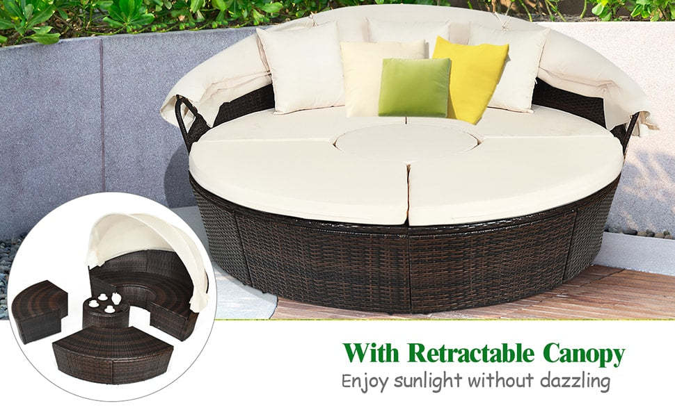 Round Patio Wicker Rattan Outdoor Daybed with Retractable Canopy - Brown