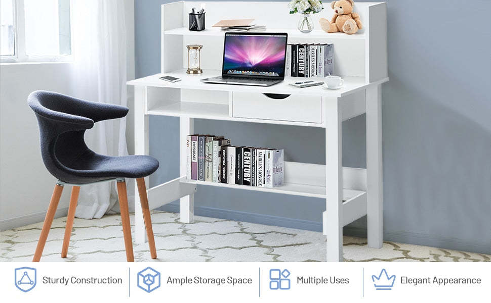 White Home Office Computer Desk Writing Studying Desk with Storage Shelves & Drawer