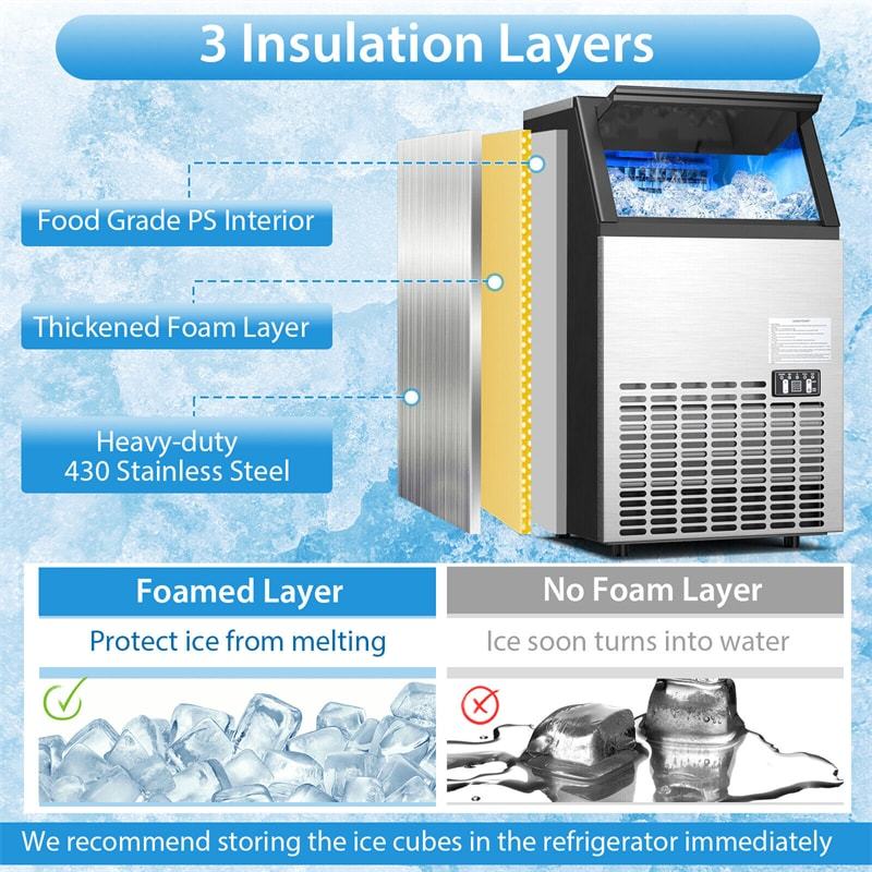110LBS/24H Stainless Steel Commercial Ice Maker, Freestanding & Built-In Self-Cleaning Ice Machine with Scoop & Drain Hoses for Restaurant, Bar, Home