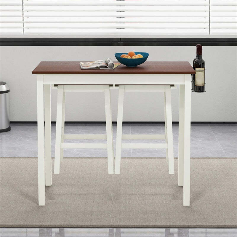 3-Piece Bar Table Set Counter Height Dining Set Space Saving Dinette Table with 2 Stools & 2 Wine Holders for Bar Kitchen Living Room