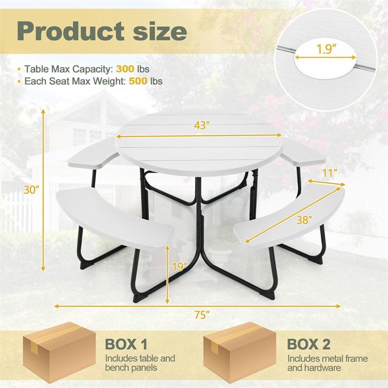 8-Person Outdoor Round HDPE Picnic Table & Bench Set with Umbrella Hole, Metal Frame, 2000LBS Capacity Patio Table Bench Set for Backyard Garden