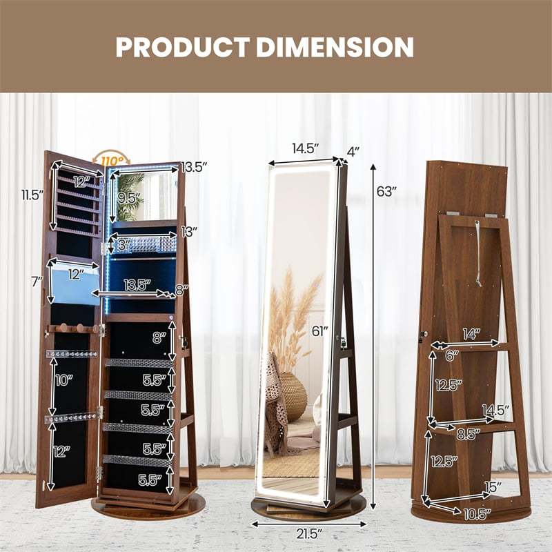 360° Swivel Jewelry Armoire with Full Length Mirror, Adjustable 3-Color LED Lights & Storage Rack, Lockable Standing Jewelry Cabinet Organizer