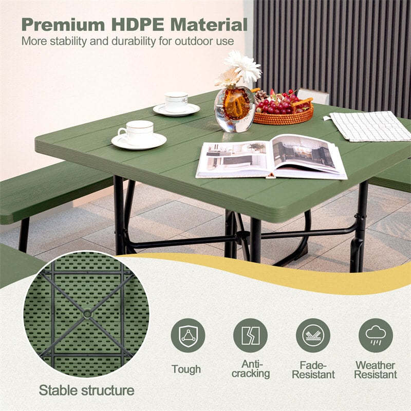8-Person Picnic Table Set, Square Outdoor Table with 4 Built-in Benches, Umbrella Hole, HDPE Top, Metal Frame, 500LBS Capacity for Garden Patio