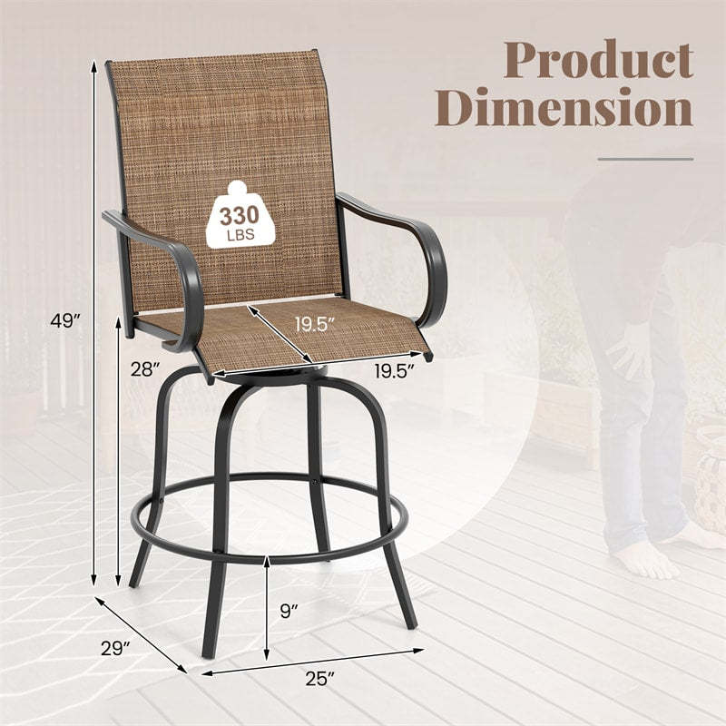 Outdoor Swivel Bar Stools Set of 2, All-Weather Steel Frame Bar Height Patio Chairs with Curved Armrests, High Back & Cozy Footrest