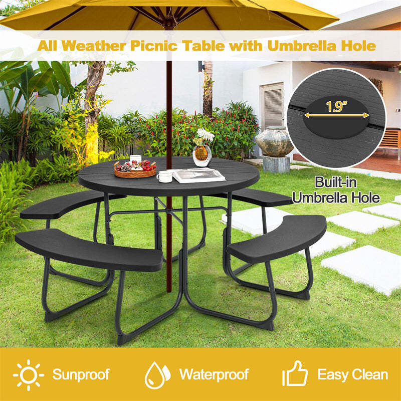 8 Person Round Picnic Table Bench Set Metal Frame HDPE Outdoor Table with 4 Built-in Benches & Umbrella Hole