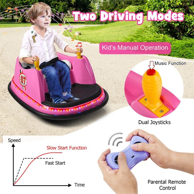Kids Bumper Car, 12V Battery-Powered Electric Ride-On Bumper Car with 360° Spin, Dual Joysticks, Remote Control & Flashing Lights for Ages 2-5