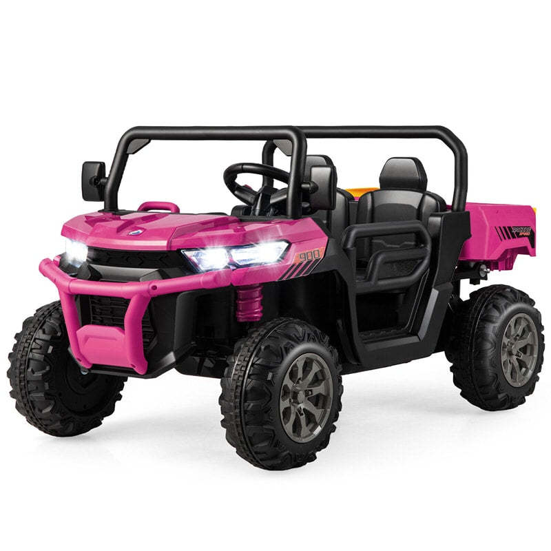 2-Seater Ride On Kids Car, 12V Off-Road UTV Electric Dump Truck with Remote, Dump Bed, Shovel & Rocking Function, Toddler Battery Ride On Toy