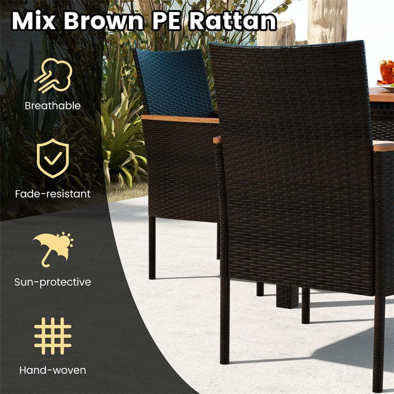 7 Piece PE Rattan Dining Set with Acacia Wood Table, Stackable Cushioned Chairs & Umbrella Hole, Outdoor Table Chairs for 6, Garden/Backyard/Poolside