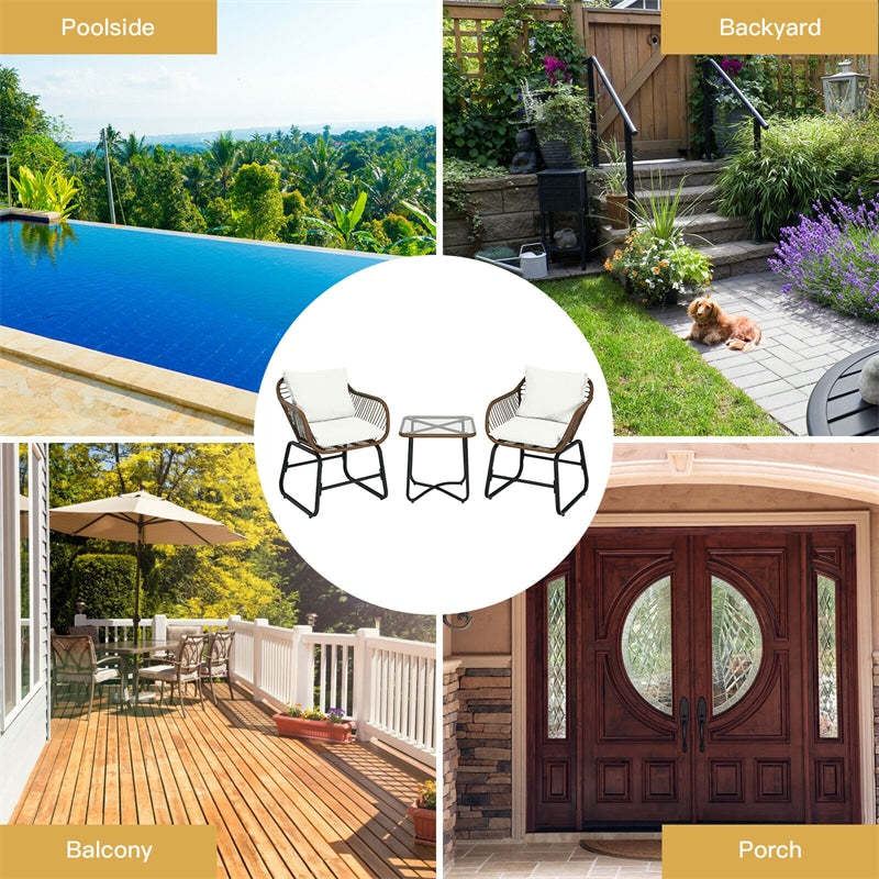 3 Piece Rattan Patio Bistro Set with Cushioned Armchairs and Coffee Table